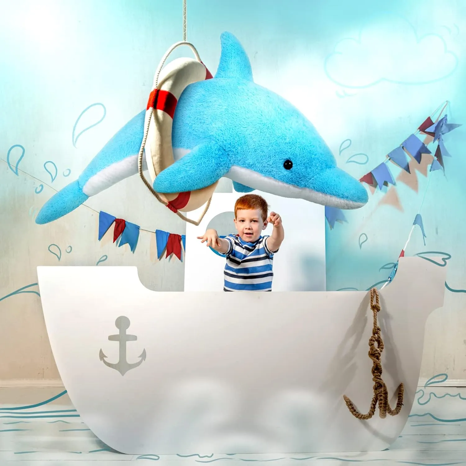 MorisMos Giant Dolphin Stuffed Animals, 55inch Large Stuffed Dolphin Plush Toy Soft Marine Ocean Plush Gifts for Kids, Blue