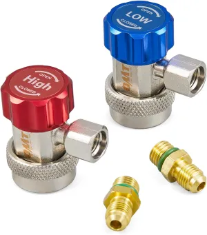 Orion Motor Tech R134a Quick Coupler Adapter, Adjustable R134a Adapters and AC Hose Fittings, HP and LP Connectors for R134a Car AC System Evacuation Recharging and More, 1/4" Flares, Set of 2