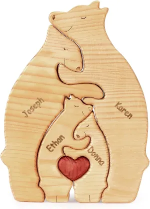 Personalized Christmas Wooden Bear Puzzle - Custom Sculpture with 2-6 Family Names Pieces Home Decor Gift for Mom Dad