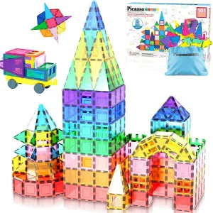 PicassoTiles 101pc Magnetic Tile Building Blocks with Car Base Drawstring Carry Toy Storage Bag Magnetized Block for Kids Magnet ToySet Educational STEM Learning Child Brain Development Ages 3  PC101