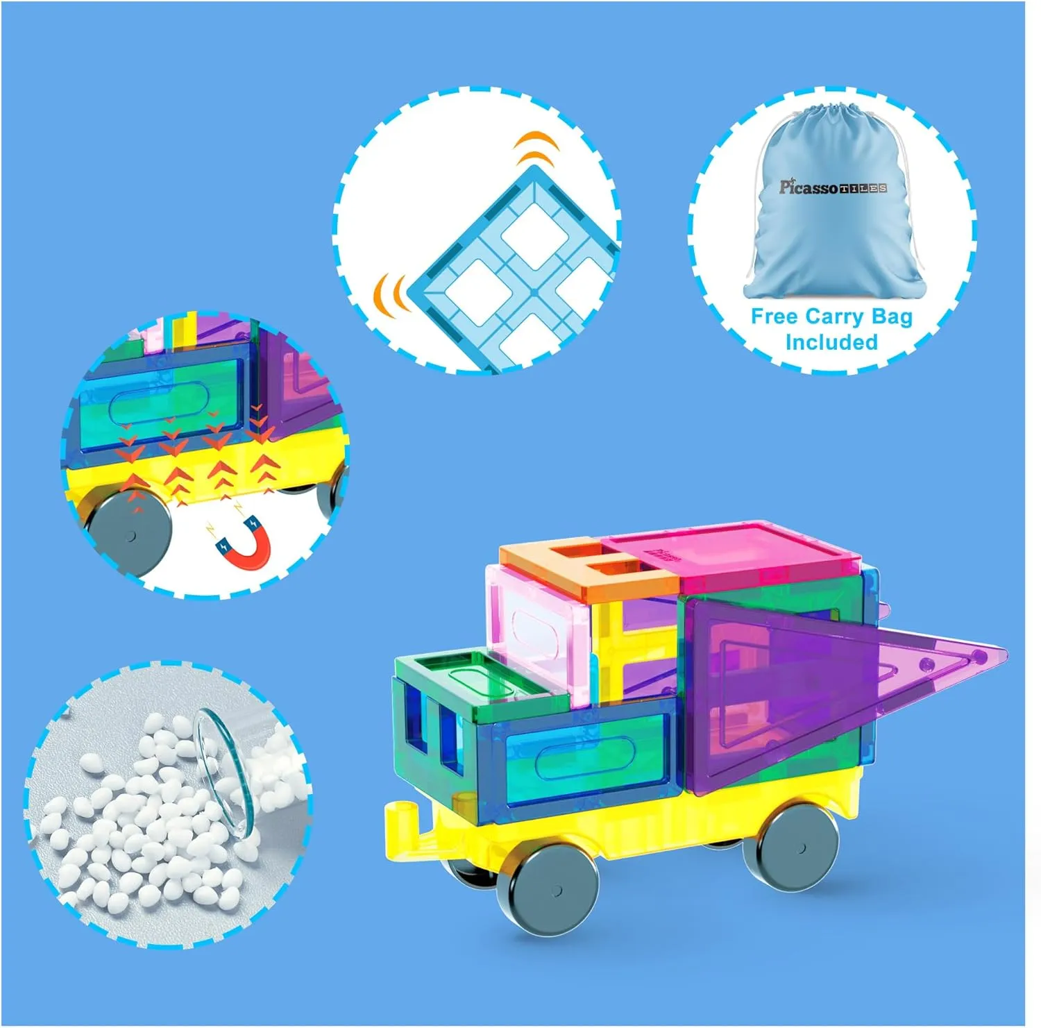 PicassoTiles 101pc Magnetic Tile Building Blocks with Car Base Drawstring Carry Toy Storage Bag Magnetized Block for Kids Magnet ToySet Educational STEM Learning Child Brain Development Ages 3  PC101