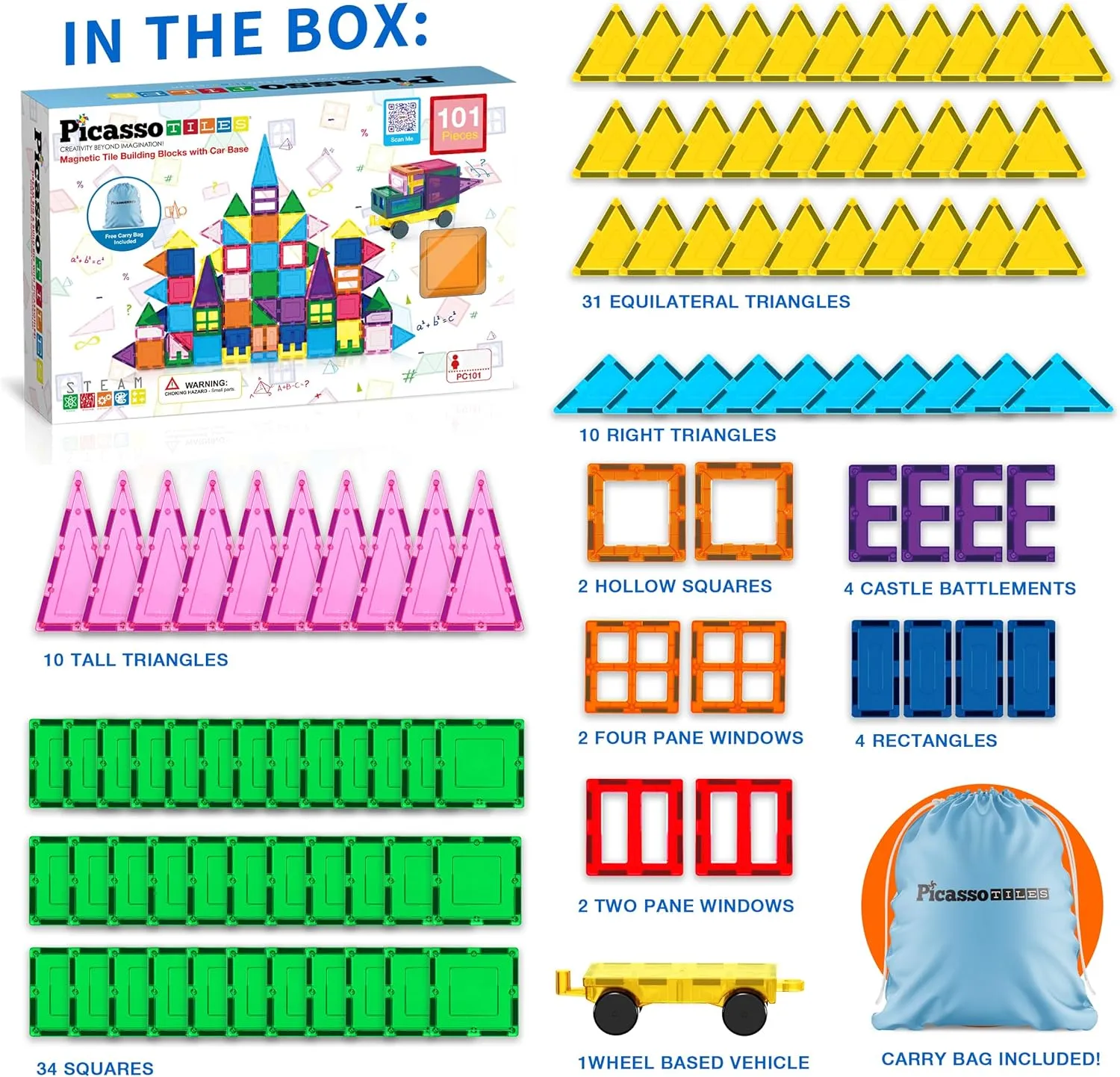 PicassoTiles 101pc Magnetic Tile Building Blocks with Car Base Drawstring Carry Toy Storage Bag Magnetized Block for Kids Magnet ToySet Educational STEM Learning Child Brain Development Ages 3  PC101