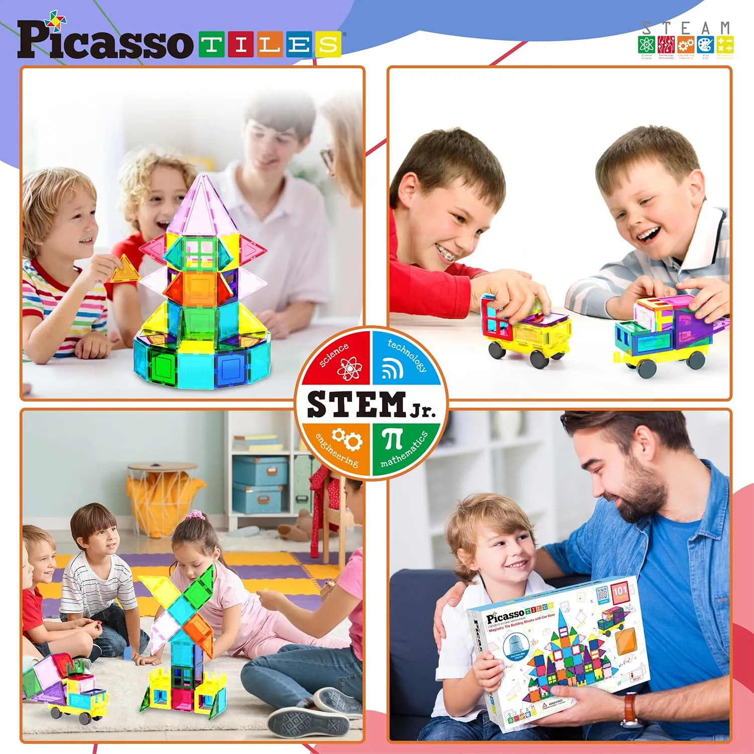 PicassoTiles 101pc Magnetic Tile Building Blocks with Car Base Drawstring Carry Toy Storage Bag Magnetized Block for Kids Magnet ToySet Educational STEM Learning Child Brain Development Ages 3  PC101