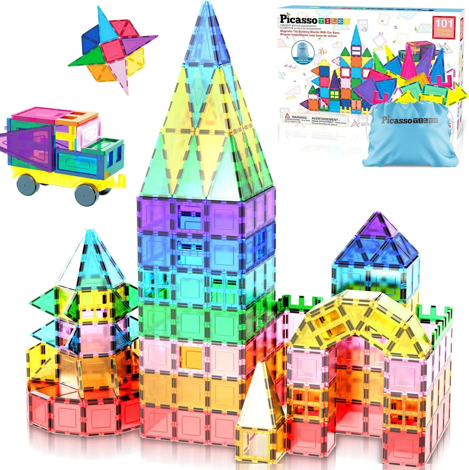 PicassoTiles 101pc Magnetic Tile Building Blocks with Car Base Drawstring Carry Toy Storage Bag Magnetized Block for Kids Magnet ToySet Educational STEM Learning Child Brain Development Ages 3  PC101