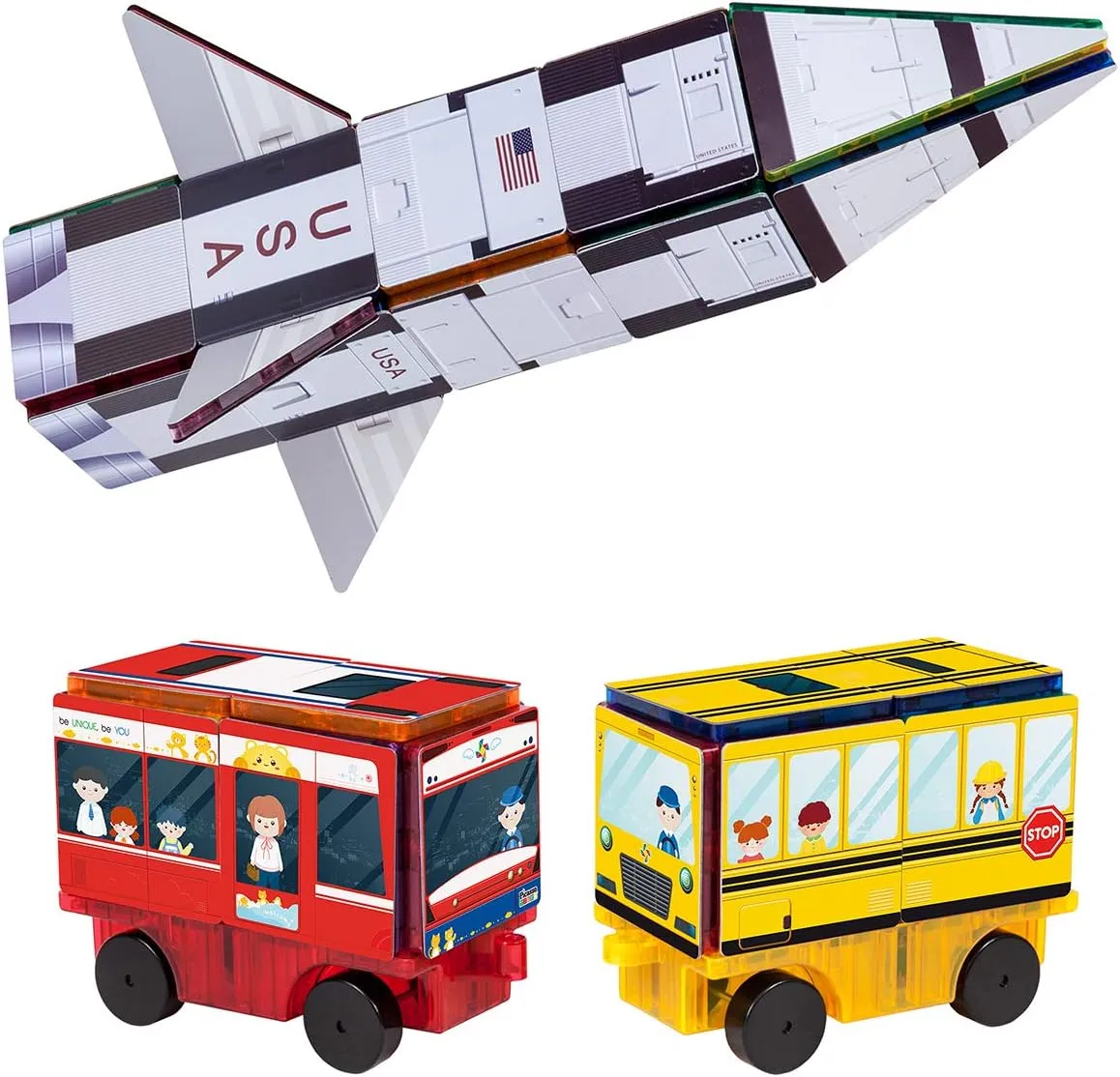PicassoTiles Magnet Building Blocks STEM Learning Construction Toy Set Early Education Kit 3-in-1 Rocket, School Bus, Train Theme Stick-On Puzzle Pretend Play Magnetic Tiles Kids Building Block Toys