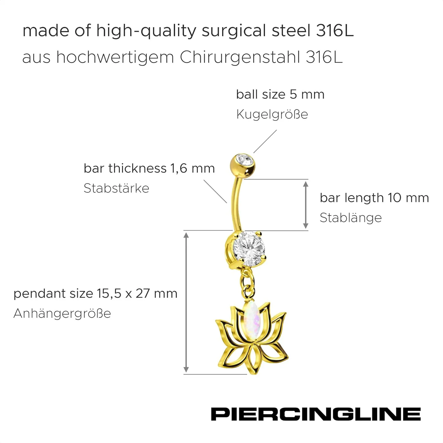 PIERCINGLINE Surgical steel belly button piercing dangle LOTUS BLOSSOM WITH SYNTHETIC OPAL 14 G belly button ring surgical steel belly piercing new version with improved durability