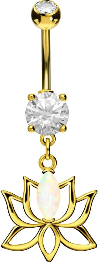 PIERCINGLINE Surgical steel belly button piercing dangle LOTUS BLOSSOM WITH SYNTHETIC OPAL 14 G belly button ring surgical steel belly piercing new version with improved durability