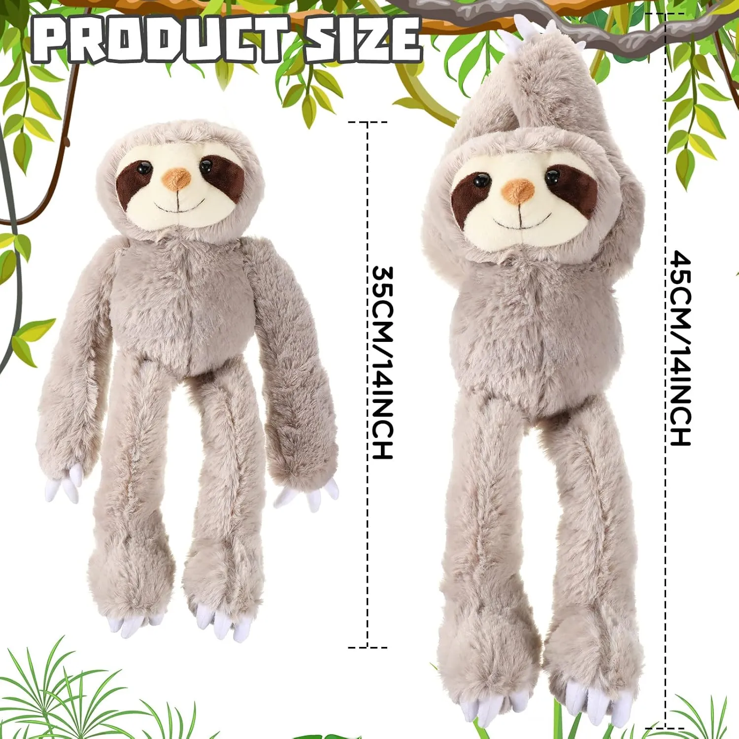 Queekay 2 Packs Sloth Stuffed Animal Hanging 18 Inch Three Toed Sloth Plush Toy with Hook and Loop Hands for Teens Adults Gifts Decors(Gray)