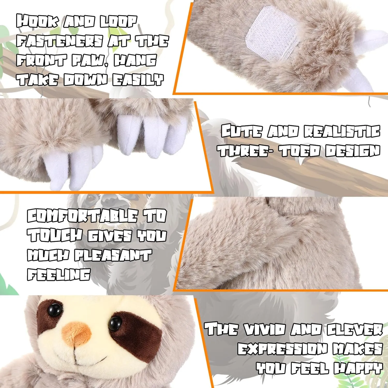 Queekay 2 Packs Sloth Stuffed Animal Hanging 18 Inch Three Toed Sloth Plush Toy with Hook and Loop Hands for Teens Adults Gifts Decors(Gray)