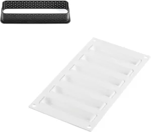 Silikomart "Kit Tarte Ring Rectangular 120x35" Silicone Mold with 6 Cavities, Each 4.21 Inch x 0.90 Inch x 0.47 Inch High, Plus 6 Heat-Resistant Perforated Plastic Rectangular Cutting Rings