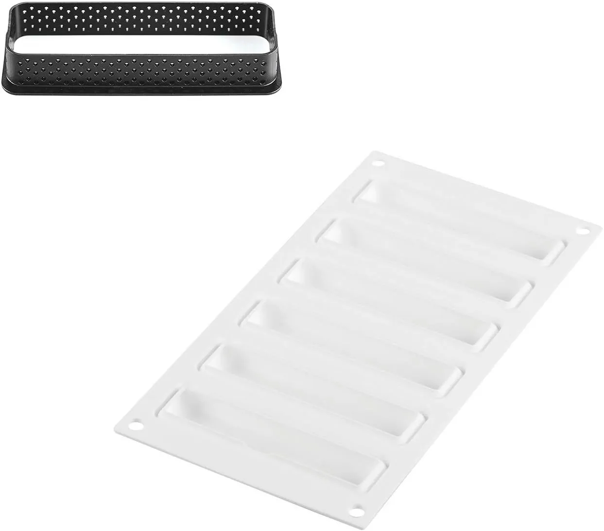 Silikomart "Kit Tarte Ring Rectangular 120x35" Silicone Mold with 6 Cavities, Each 4.21 Inch x 0.90 Inch x 0.47 Inch High, Plus 6 Heat-Resistant Perforated Plastic Rectangular Cutting Rings