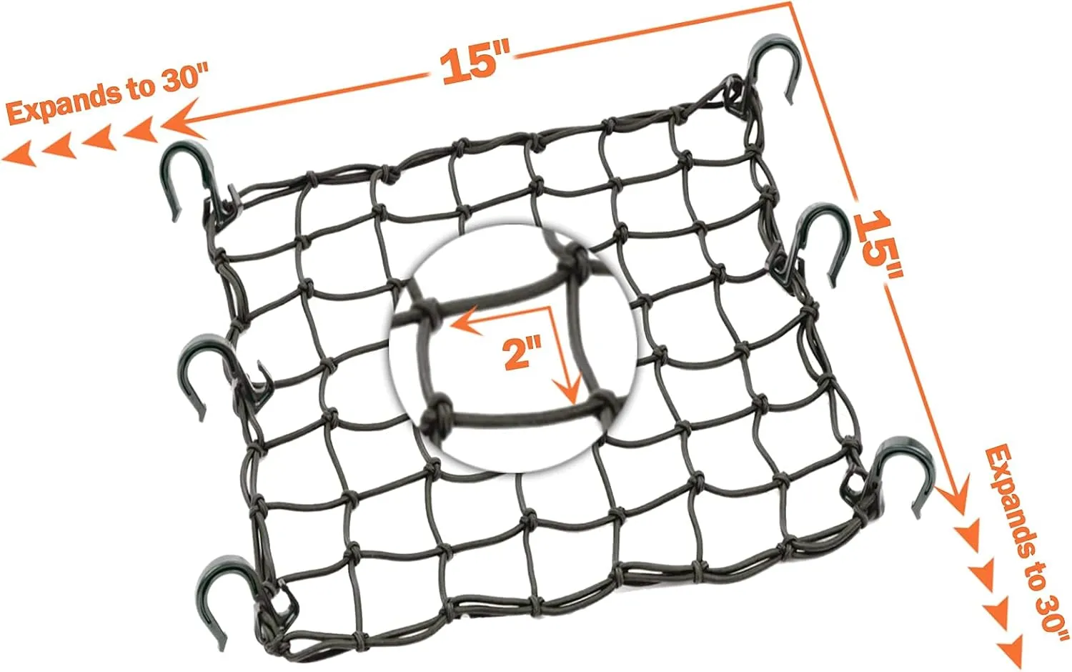 Small Cargo Net 15"x15" Stretches to 30"x30" with Thicken Hooks | Natural Latex Core, Tight 2”x2” Mesh Heavy Duty Bungee Net for Motorcycle Helmet, Bike, ATV, UTV, Luggage (Black, 1 Pack)