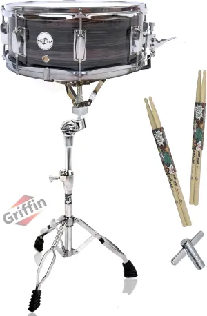Snare Drum Kit by GRIFFIN | Includes Snare Stand, 2 Pairs of Maple Drum Sticks & Drum Key | 14" x 5.5" Poplar Shell | Percussion Musical Instrument Practice Package for Students & Professionals