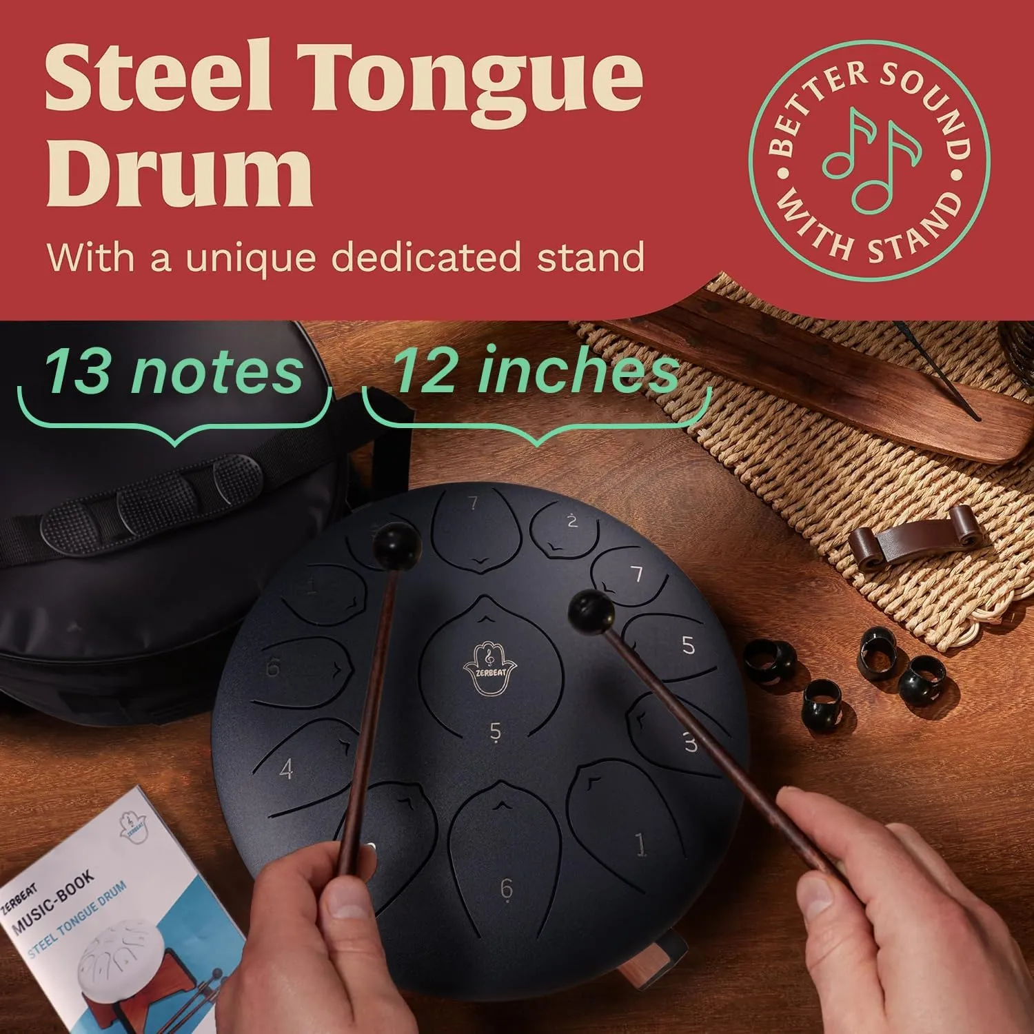 Steel Tongue Drum 12 Inches, 13 Notes Steel Drum   Unique Stand, Drum Sticks, Finger-Picks, Bag, Beginners Friendly&Adults | Spiritual Musical Instruments. Dark Blue