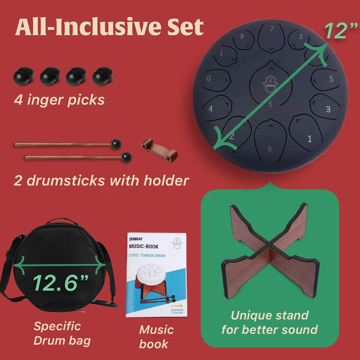 Steel Tongue Drum 12 Inches, 13 Notes Steel Drum   Unique Stand, Drum Sticks, Finger-Picks, Bag, Beginners Friendly&Adults | Spiritual Musical Instruments. Dark Blue