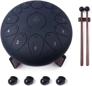 Steel Tongue Drum 12 Inches, 13 Notes Steel Drum   Unique Stand, Drum Sticks, Finger-Picks, Bag, Beginners Friendly&Adults | Spiritual Musical Instruments. Dark Blue