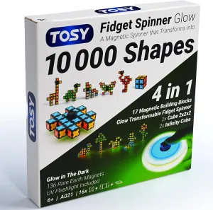 TOSY Magnet Fidget Spinner Glow - 16 Blocks, 3 in 1 Toy: Transformable Fidget Spinner, Infinity Cube, 2x2 Puzzle Cube, Glow, Stress Relief, STEAM Magnet Tiles Birthday Gift for Kids/Boys/Girls/Adults