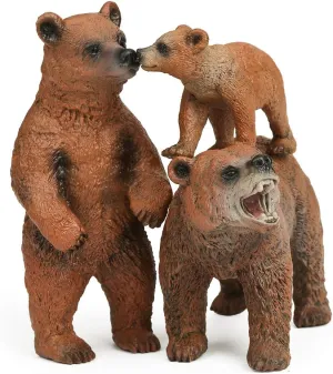 UANDME Grizzly Bear Toys Figurines Set, Plastic Forest Animal Bear Family Figures for Nature Science Learning, Realistic Woodland Creature Party Supplies Cake Toppers, Pack of 3
