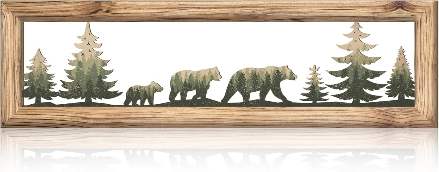 Wesiti Woodland Bear Wall Art 16 in Wood Frame Metal Bear Wall Decor Rustic Wildlife Wall Decor Farmhouse Lodge Cabin Wall Decor Animal Picture Art Decor for Home Bedroom Living Room