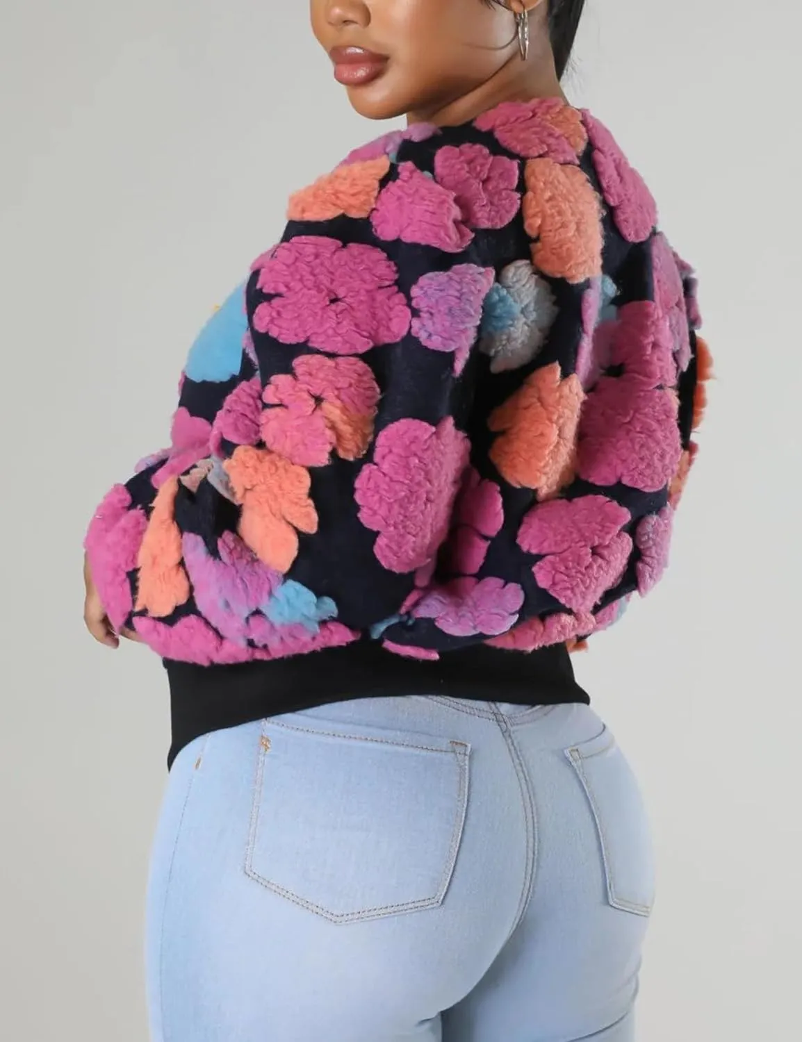 Womens Cropped Floral Print Jacket Warm Fleece Bomber Jacket Casual Button Down Coats Fall Puff Outerwears