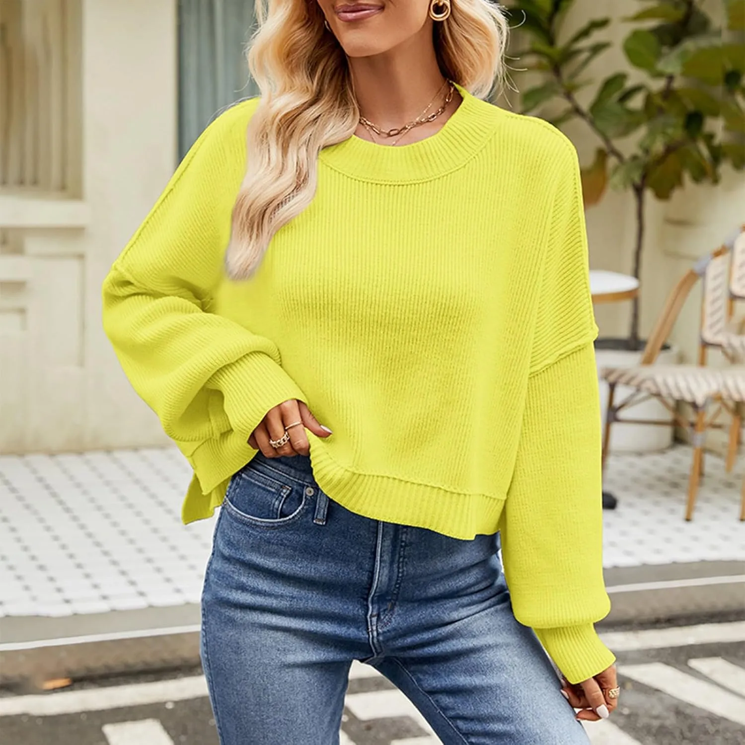 Women's Oversized Drop Shoulder Crop Sweaters Knit Crewneck Lantern Sleeve Pullover Spring Casual Solid Plus Size Jumper Tops