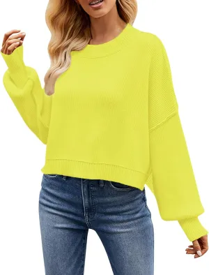 Women's Oversized Drop Shoulder Crop Sweaters Knit Crewneck Lantern Sleeve Pullover Spring Casual Solid Plus Size Jumper Tops